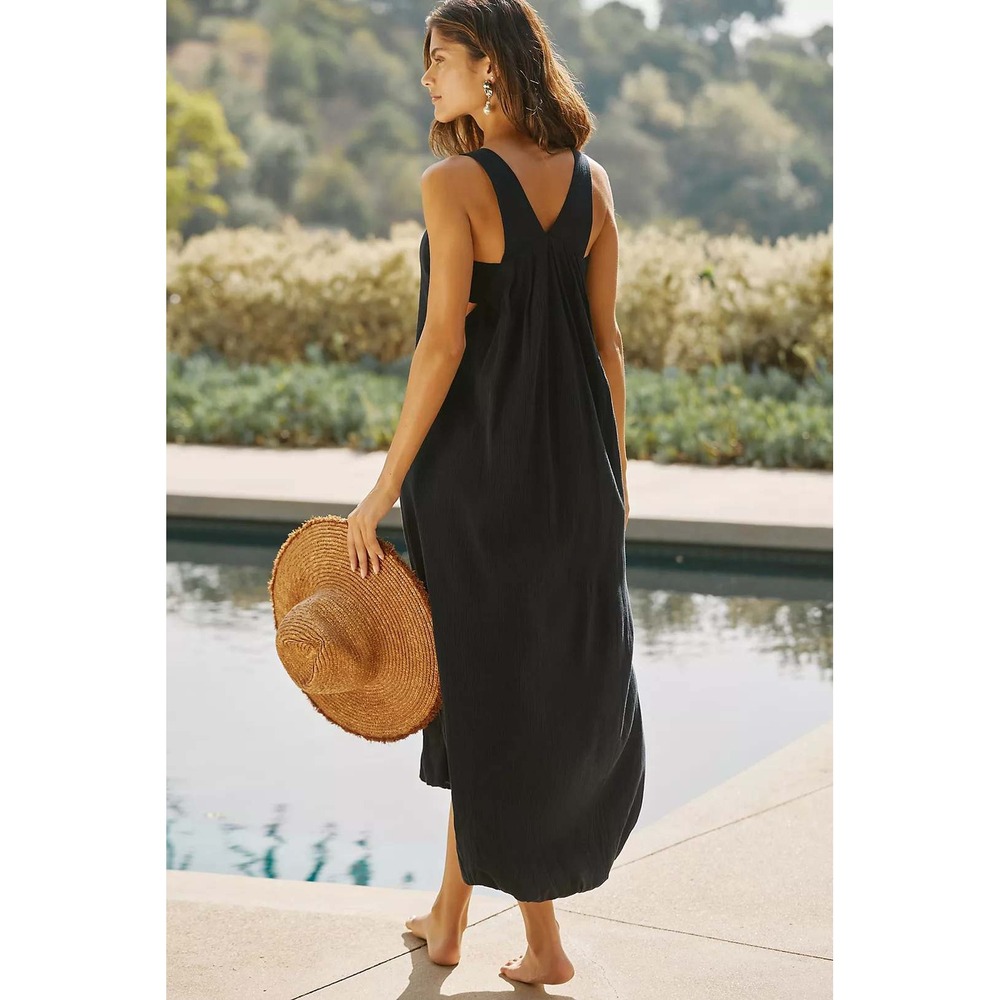 By Anthropologie Bubble Hem Midi Dress Tank Cutout Washed Black Cotton XS - Picture 13 of 14